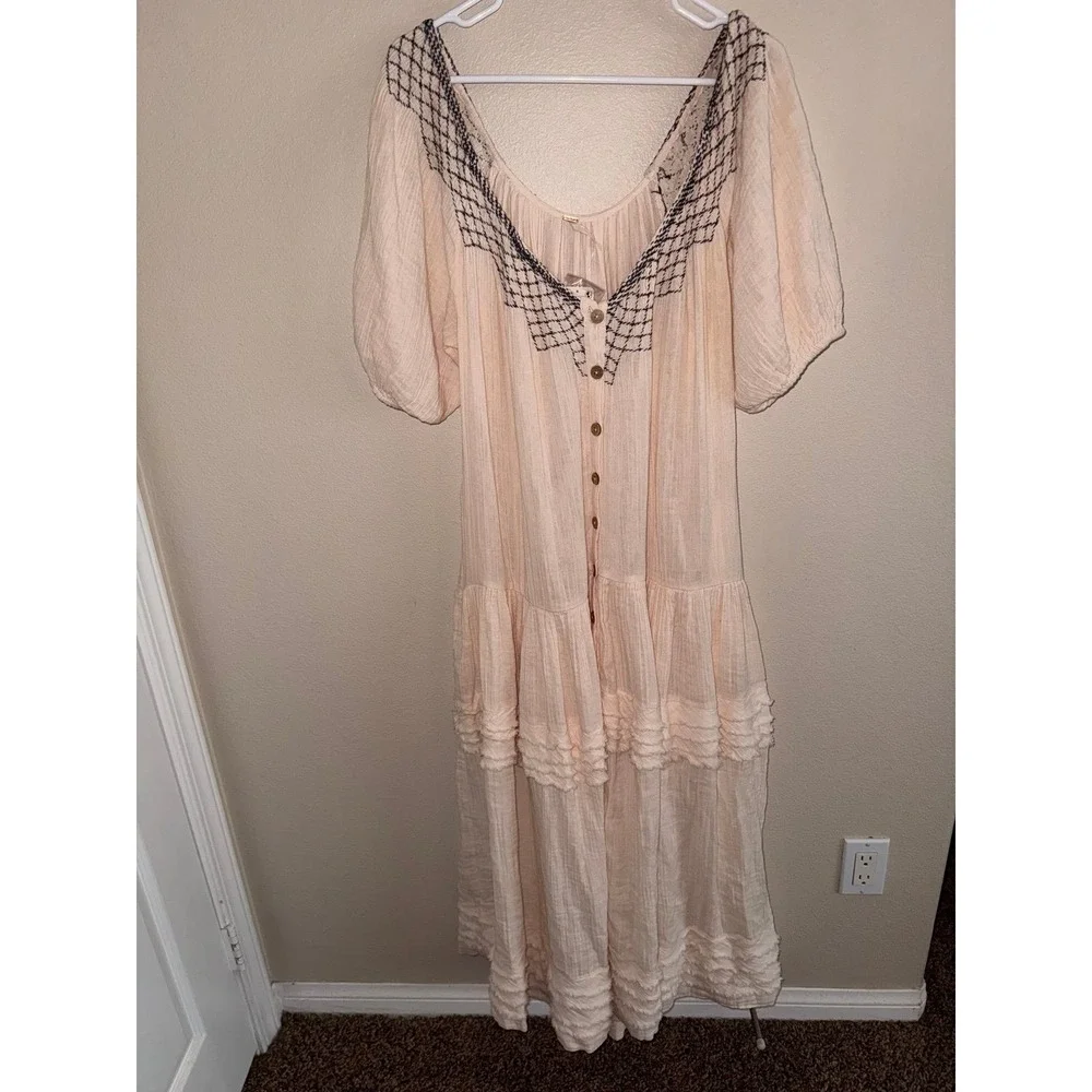 Free People NWT Ivory Boho Pheasant Dress w/ Navy Embroidery Oversized Small